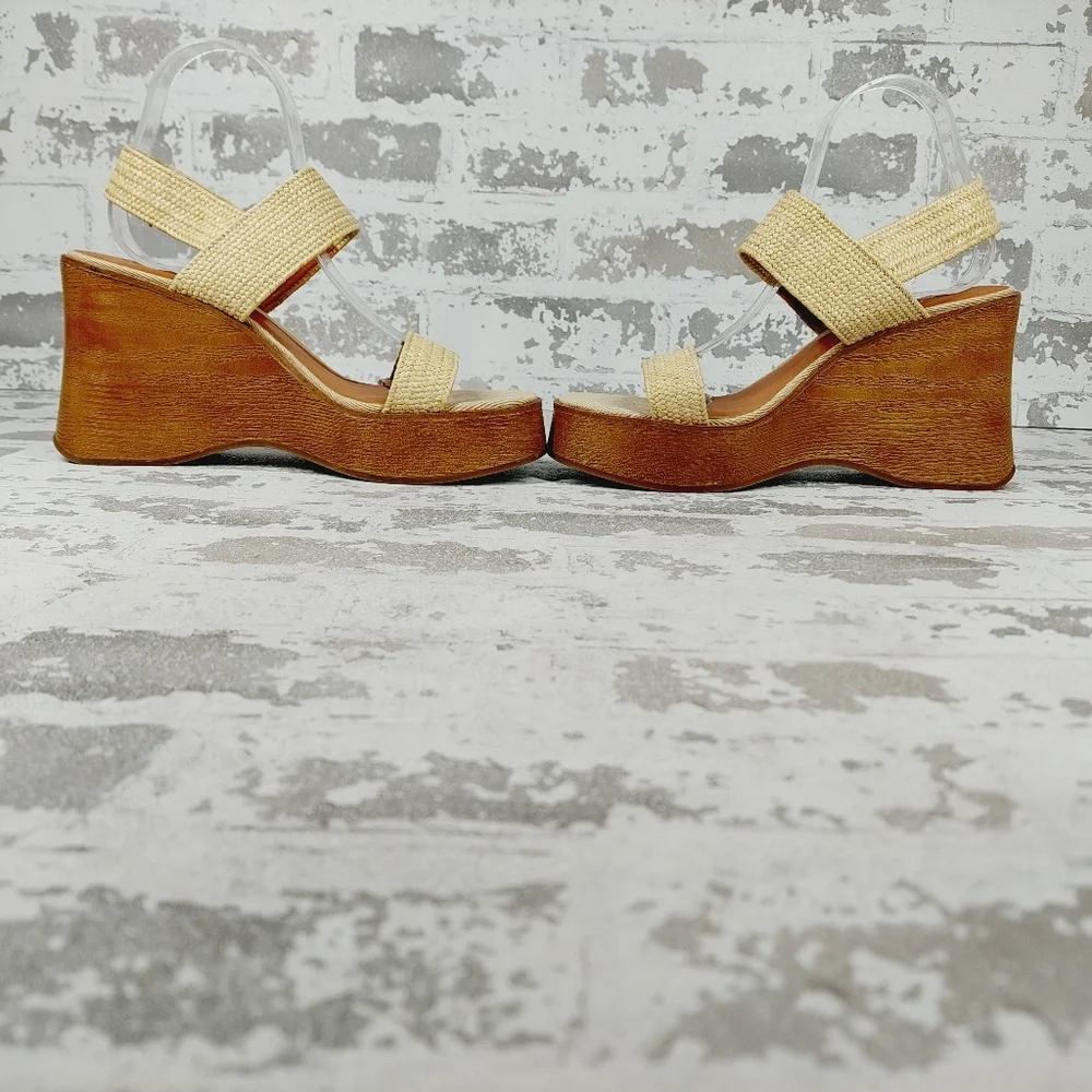 NEW Lucky Brand Delukah Cream Tan Ankle Strap Slingback Wedge Sandals V29 - Picture 7 of 12